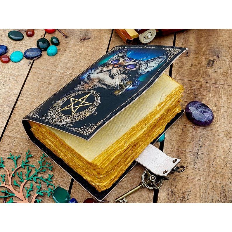 Leather Journal Spell Wizard Cat Book Blank Magik Notebook Book Of Shadows Wiccan Pagan Grimoire Book for Traveling Sketching Best Gift