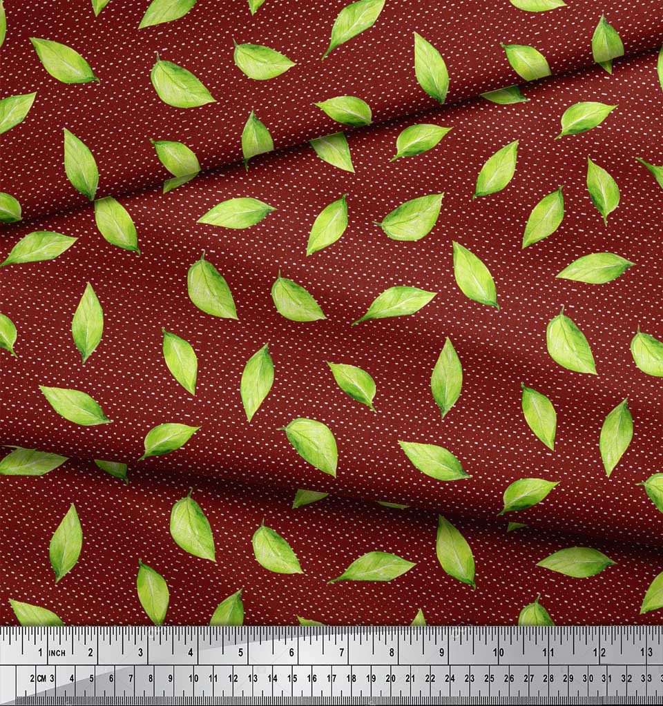 Soimoi Red Poly Crepe Fabric Hosta Leaves Print Fabric by the metre 42 Inch