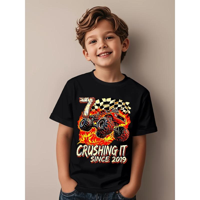 Boys Crewneck Short Sleeve T-Shirt, Birthday Truck 7 Years Old Since 2019 Print 110