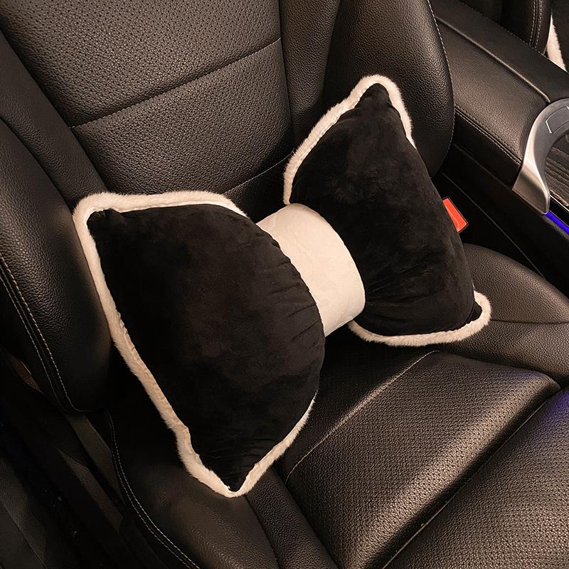 Car Seat Cushion Winter Warm Thick Plush Bow Tie Car Seat Cover Pad Universal Seat Supports Lumbar Support Pillow Car Headrest