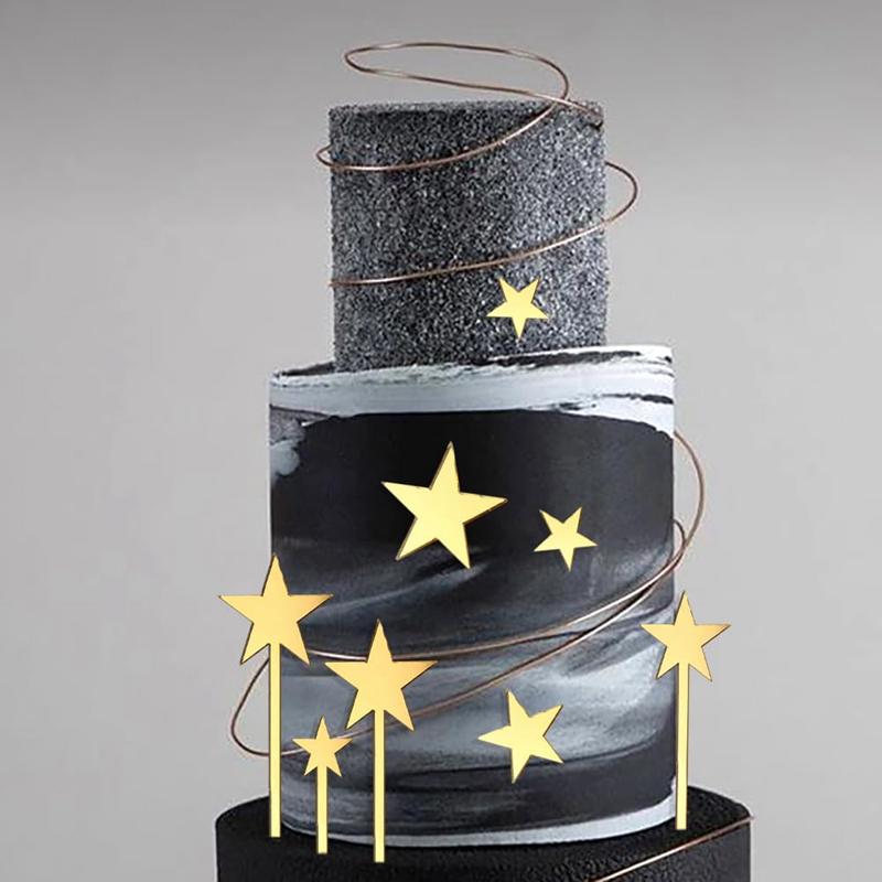 24Pcs Acrylic Gold Star Cake Toppers for Kids Birthday Party Cake DIY Decoration Wedding Christmas Cake Decorating Tools Kit
