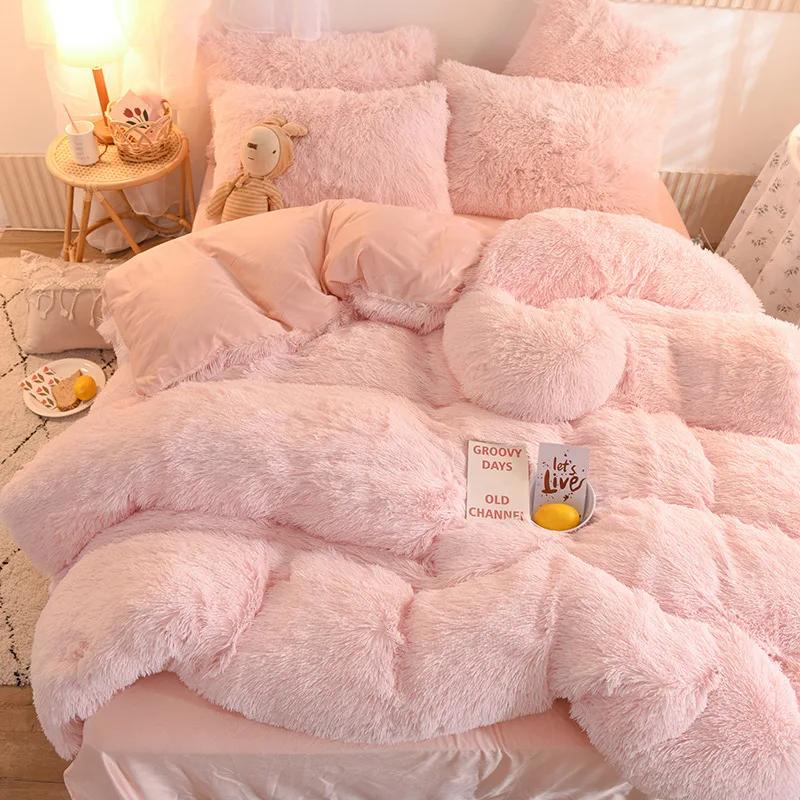 Luxury Winter Warm Long Plush Pink Bedding Set Queen Mink Velvet Double Duvet Cover Set with Fitted Sheet Warmth Quilt Covers