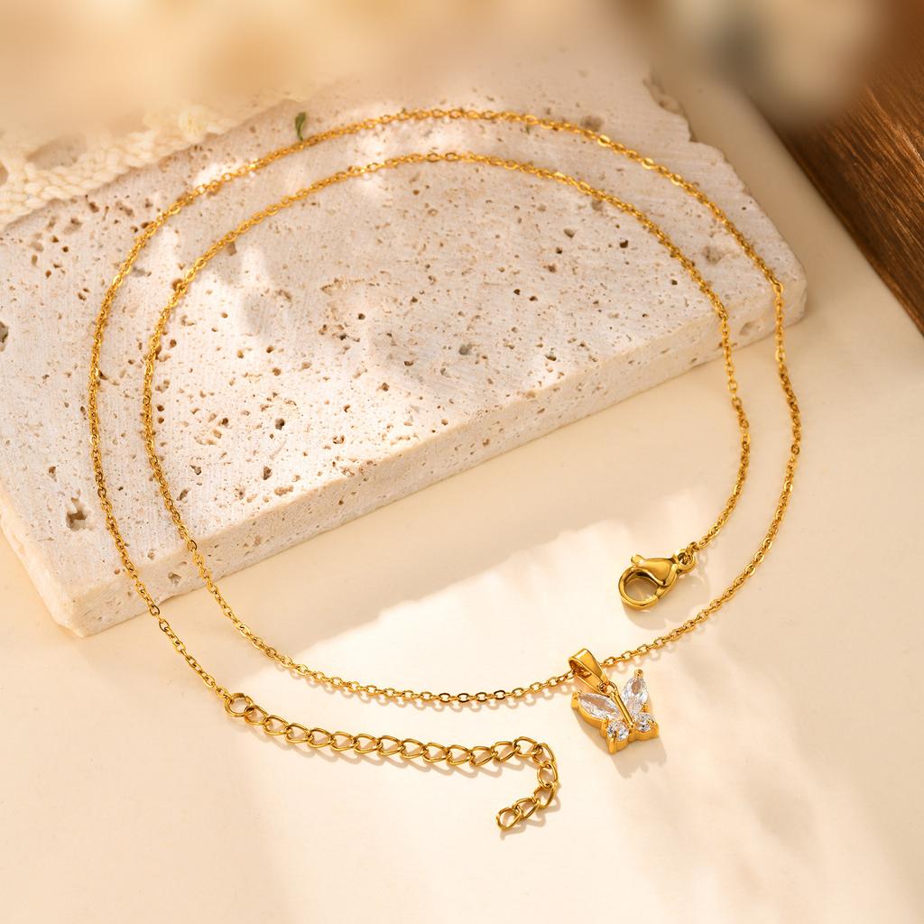 Fashion Accessories, Stainless Steel Zircon Butterfly Gold Necklace Women'S Jewelry 2330