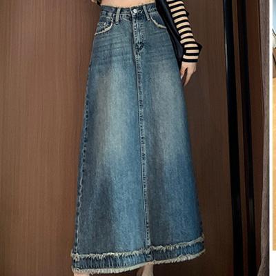 Spring and Summer Mid-length A-line Slit Waist-closed Denim Tassel Skirt