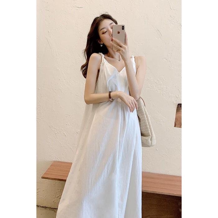 

Summer White V-Neck Suspender Dress: Sweet & Salty Style, Perfect for Travel & Beach Vacations, Loose Waist, Fairy Long Dress 2X-Large