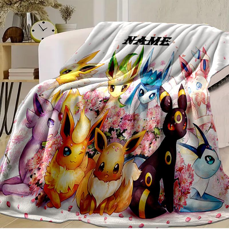 Custom Name Blanket Eevee Evolution Flannel blankets Patterns Throw Blanket All-Season Soft Gift for Couch, Bed, Camping Birthday gifts