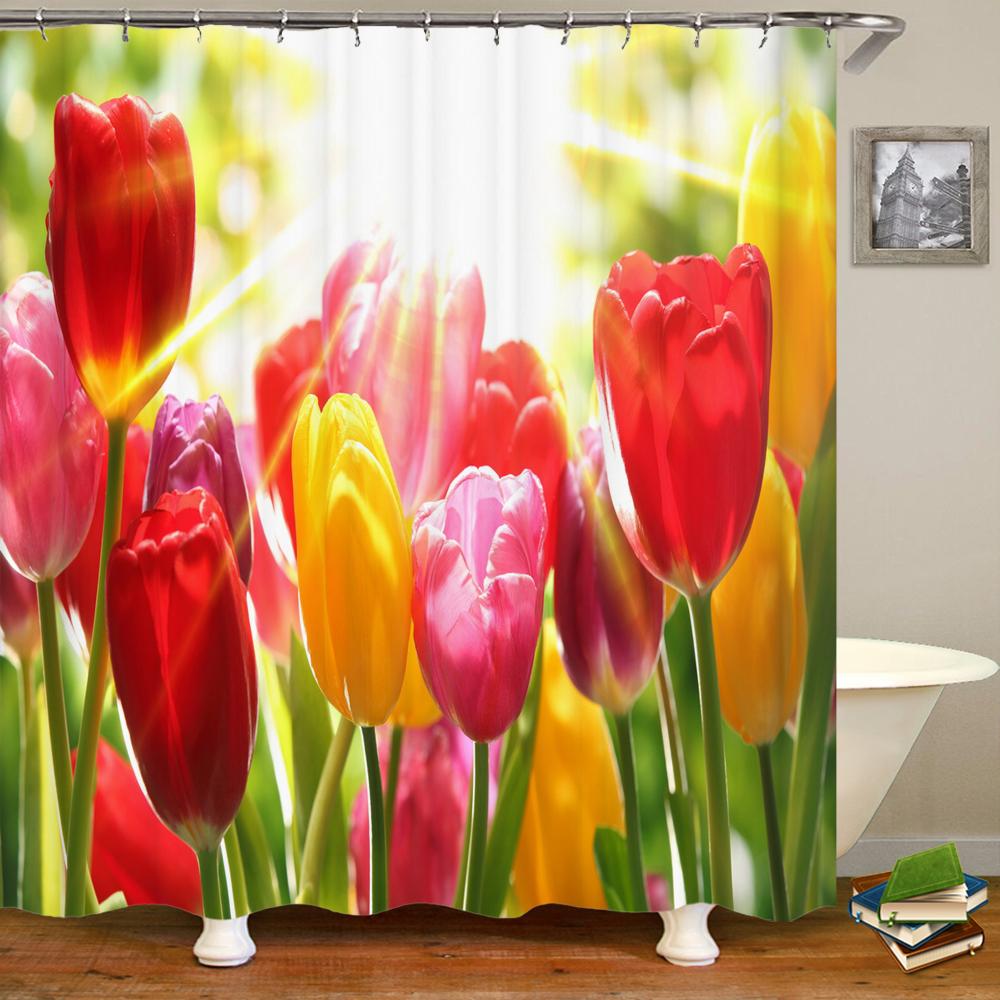 Tulip Rose Fresh Flowers Shower Curtains Waterproof Polyester Fabric 3D Printed Bathroom Screen Home Decoration Shower Curtain