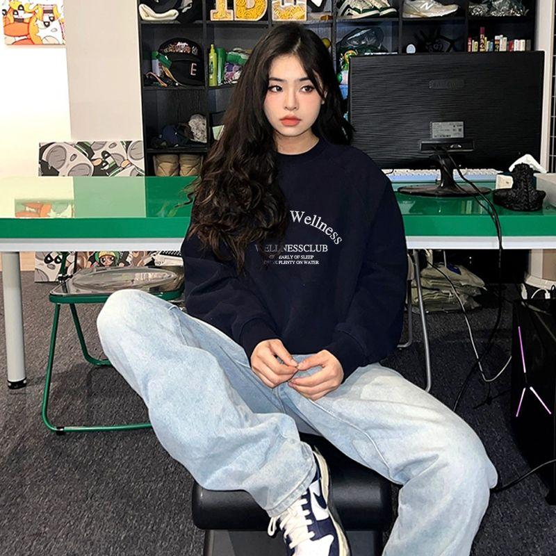 

Korean Style Fancy Shoulder round Neck Sweatshirt Women Spring & Fall Thin 2023 New Arrival Best Selling Dark Blue Pop Top Women Navy blue thin section XXL