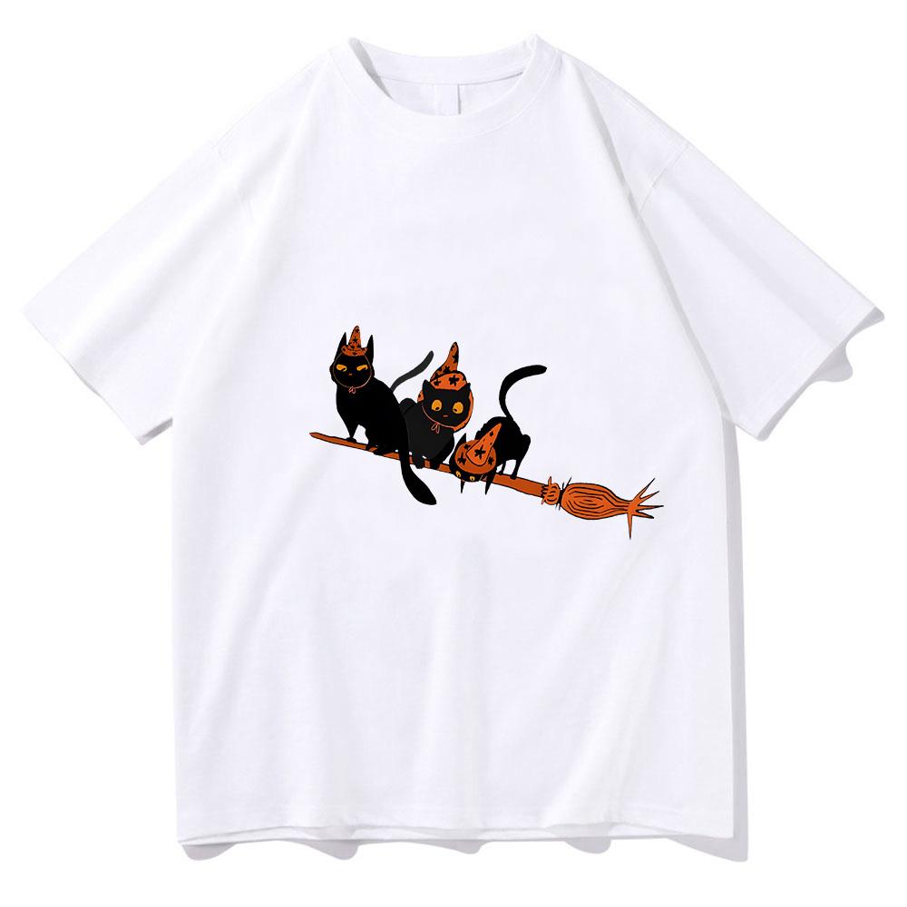 

Halloween Funny Cat T-shirt Cartoon Print Cute Tee-shirt Short Sleeve O-neck Harajuku Kawaii Tshirt Cotton Tops XS белый