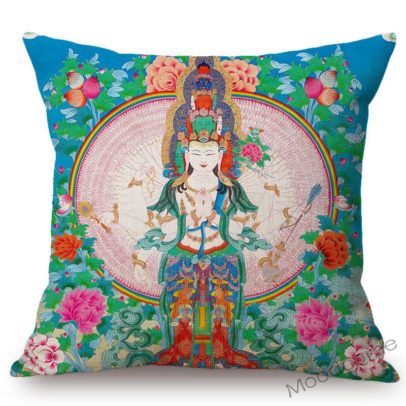 Colorful Blue Buddhism Artwork Bodhisattva Fortune God Sakyamuni Tangka Buddha Painting Sofa Pillow Case Linen Cushion Cover