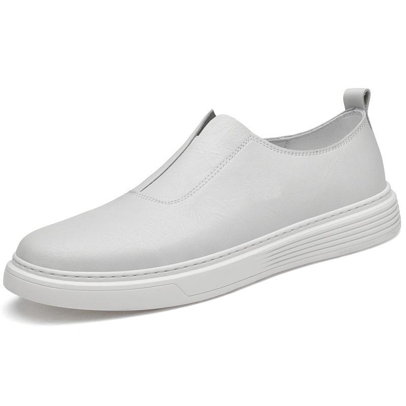 Men's Plus Size White Leather Loafers - Hand-Stitched Slip-On Cowhide Casual Shoes
