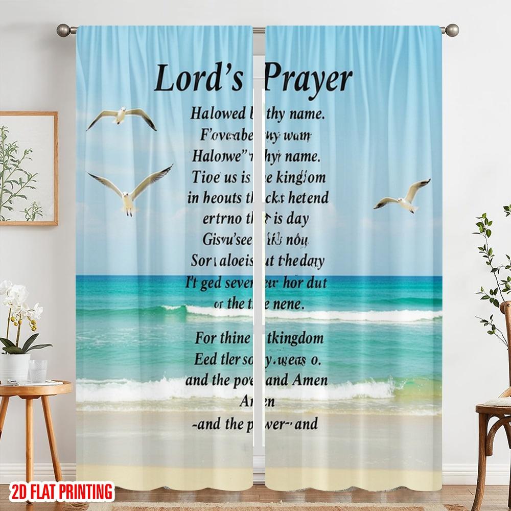 2 Stück 2D Flachdruck Vorhang Vaterunser Strand Möwe Stoff Ohne Strom Festliche Vorhänge für Festliche Porträts und
