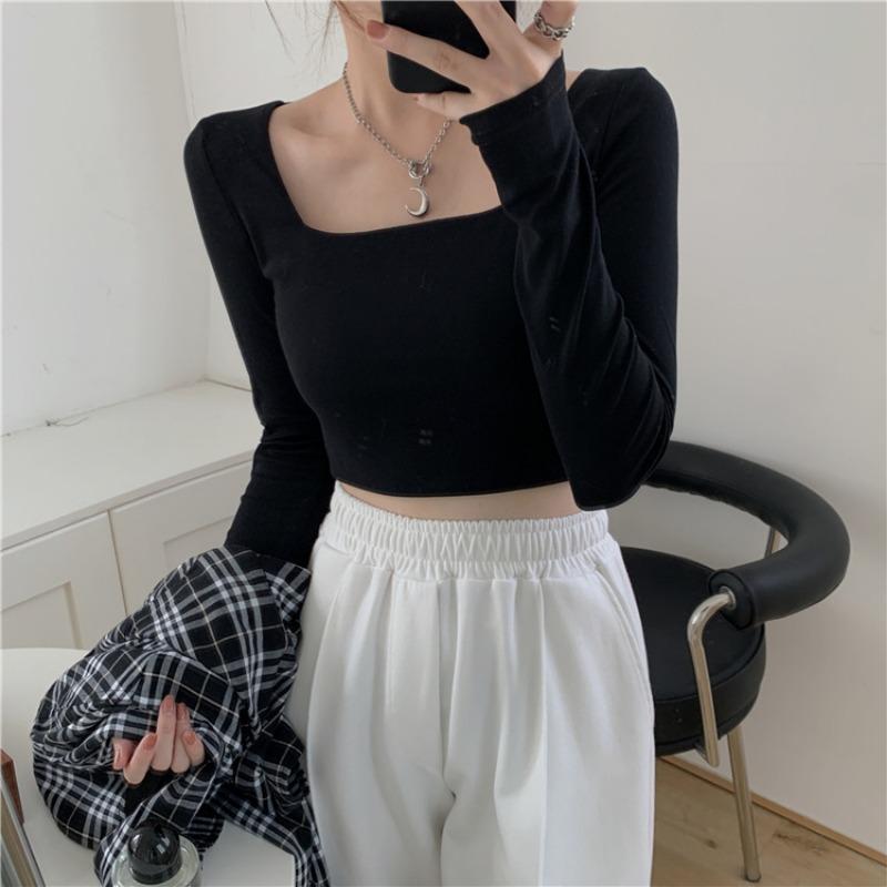 Women Square Neck Cropped Fitted Long Sleeve Casual Base T Shirt