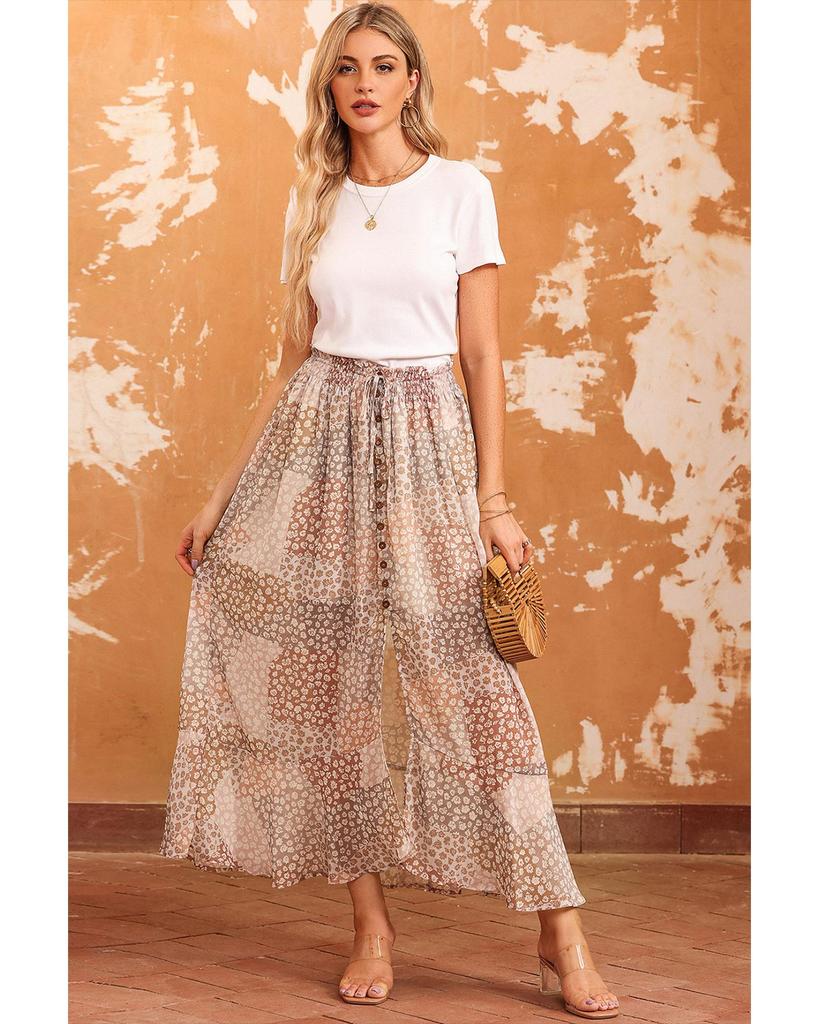 Azura Exchange Flower Print Maxi Skirt with Smocked Waist and Button Slit