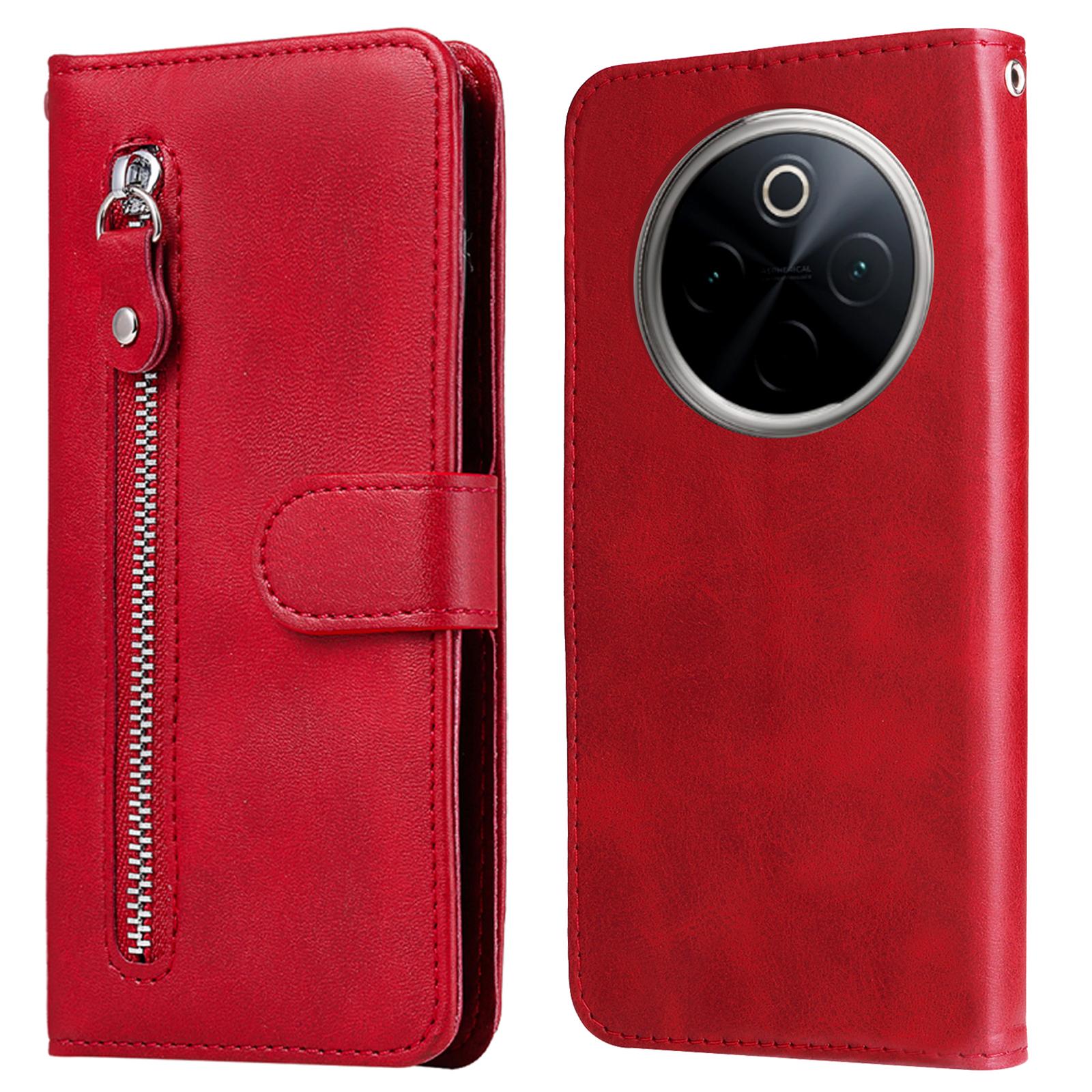 

For OnePlus 13 Case Zipper Wallet Calf Texture PU Leather Phone Cover Red