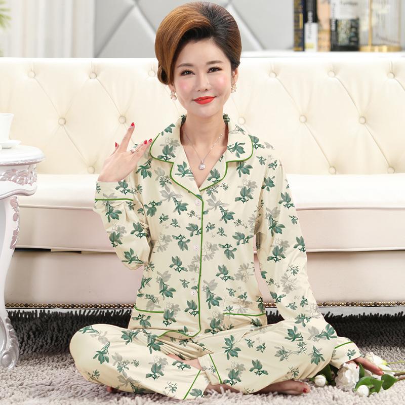 Frühlings- und Herbstpyjama Damen Imitationsbaumwolle langärmelig dünn hochwertig reiche Blume Mutter Loungewear-Set