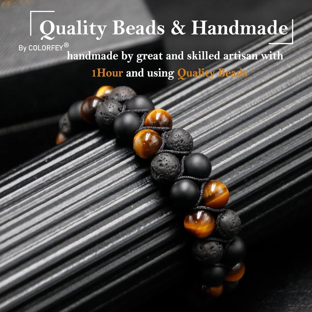 Triple Protection Bracelet for Men Women, Genuine Premium Tiger Eye Black Onyx and Lava Rock 8mm Handmade Bead Bracelet Healing Crystal Protection
