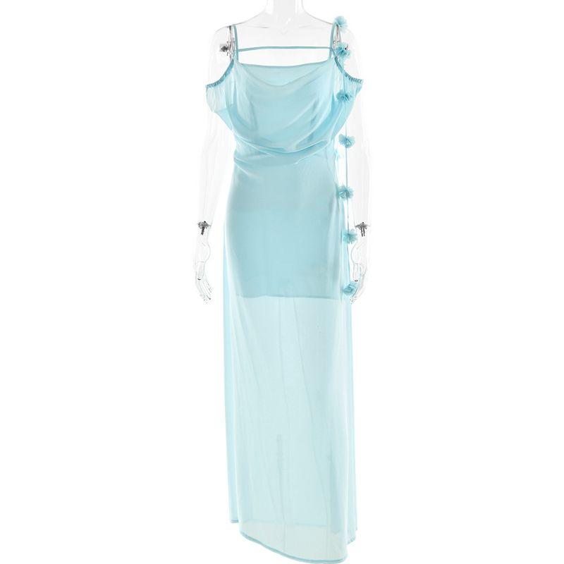 

Эльза Европейский и американский Ins Стиль Горячая Распродажа Платье на бретелях с открытой спиной Темперамент Женское Летнее Сексуальное Шифоновое Приталенное Однотонное Длинное платье Blue S