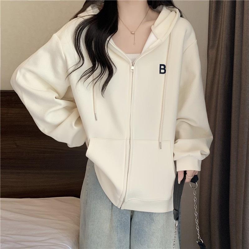 Women's Thick Fleece-Lined Hooded Zipper Cardigan - Loose Fit, Spring/Autumn 2023, Milk-Toned with Drawstrings