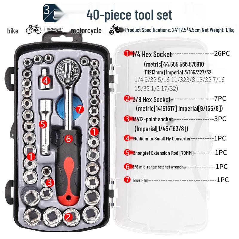 40-Piece Socket Set: Ratchet Wrench & Hex Key for Car/Motorcycle Repair