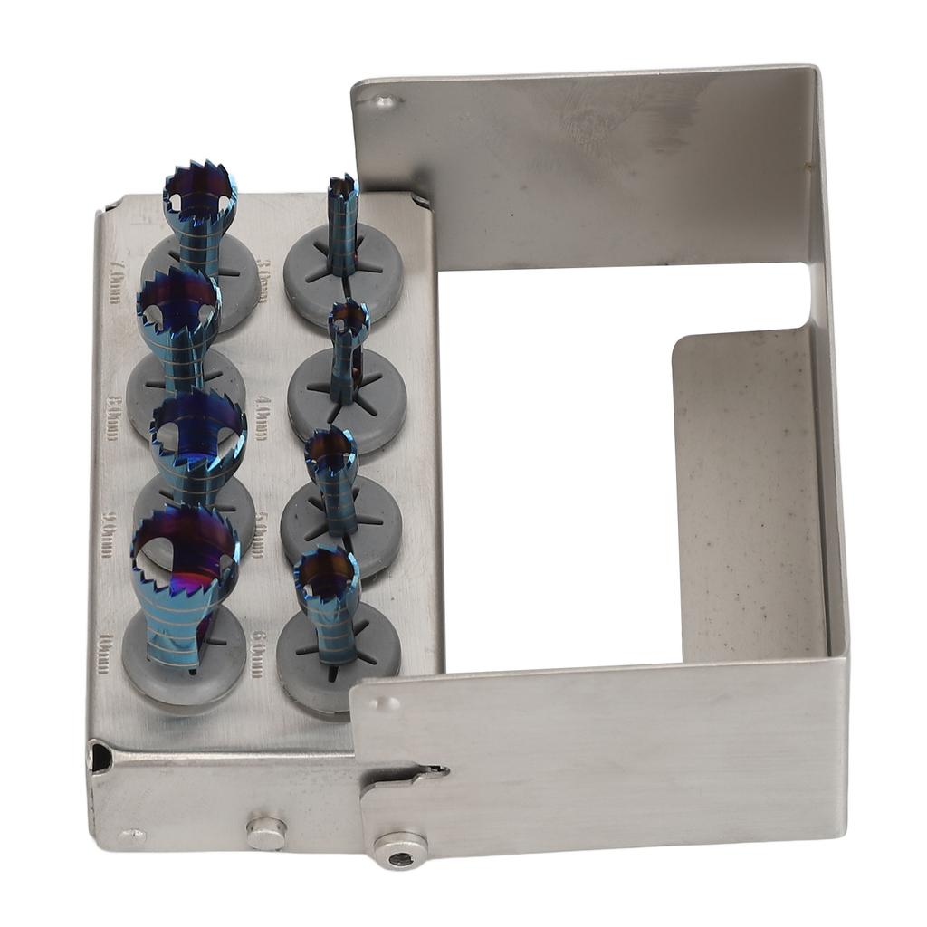 סט 8 מקדחי טרפין דנטליים כלי שתלים לרופא שיניים בורי טרפין עם מחזיק 3 עד 10 מ"מ