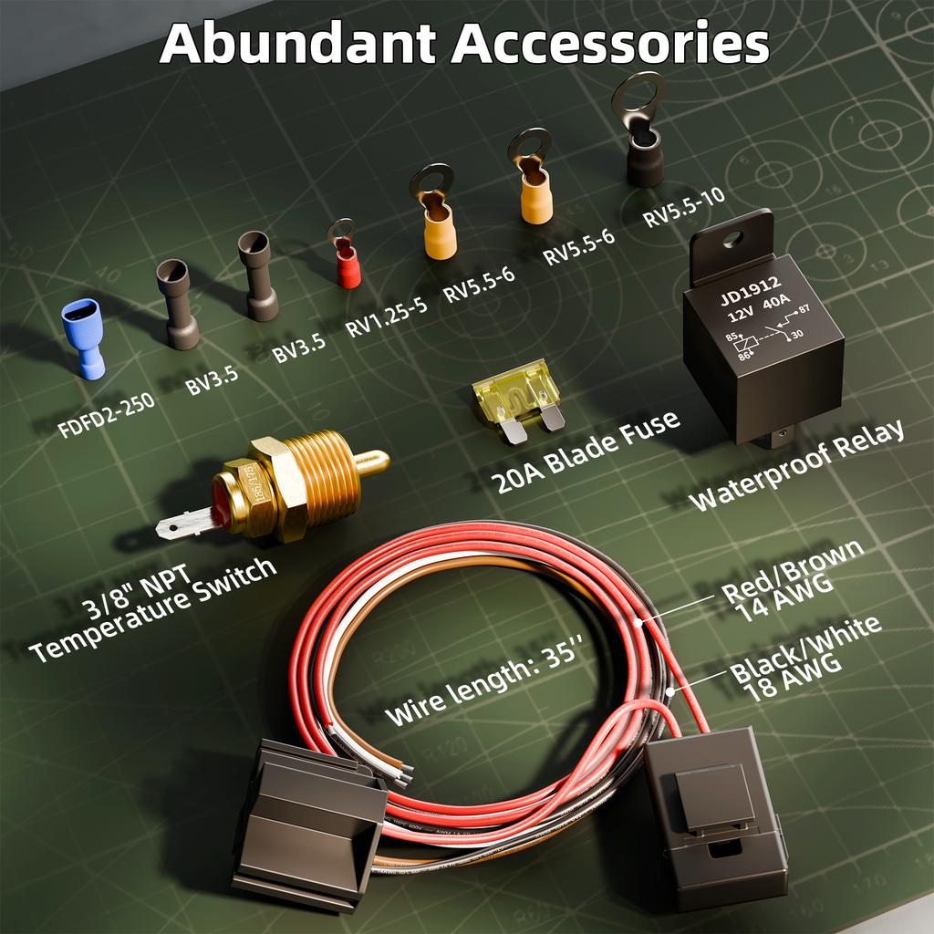 40 AMP Electric Fan Relay Kit Electric Cooling Fan Thermostat Kit with 185 On 175 Off Temperature Switch Waterproof Kit For Cars