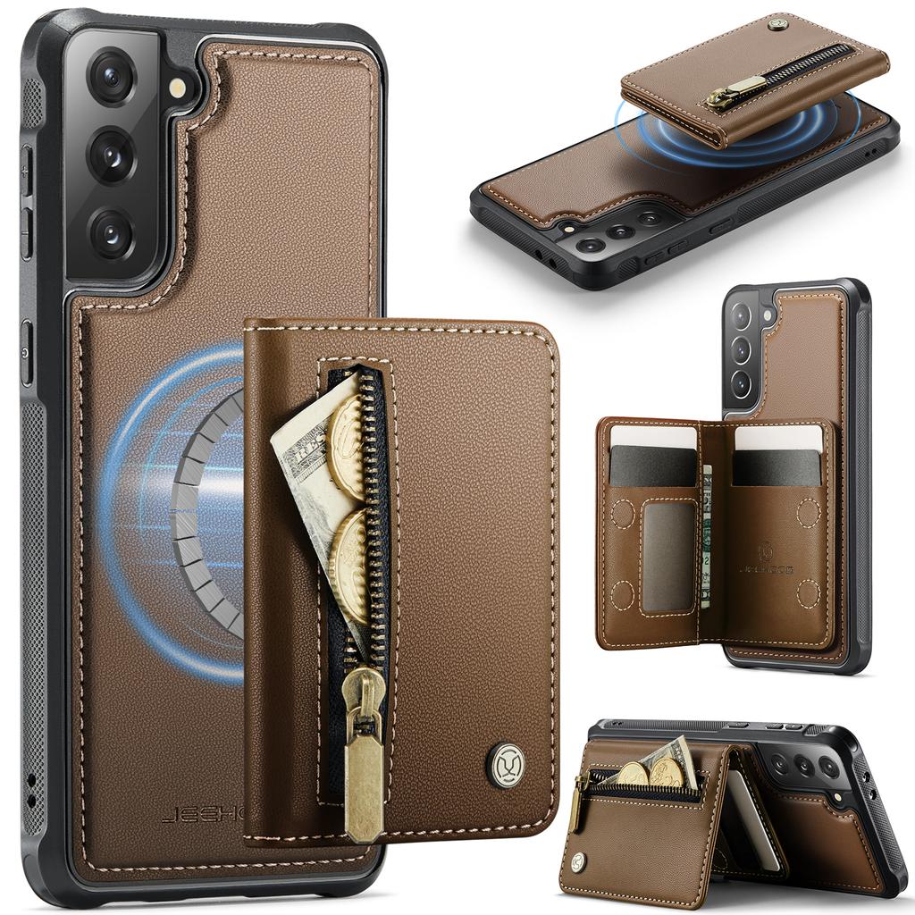 For Samsung Galaxy S21 5G Case JEEHOOD J12 Magnetic Detachable Zipper Wallet Kickstand Leather Back Cover Magnetic Case