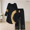 Women Plus Size Black Gold Printed Round Neck Long Sleeve High Low Top Wide Leg Pants Two Piece Set
