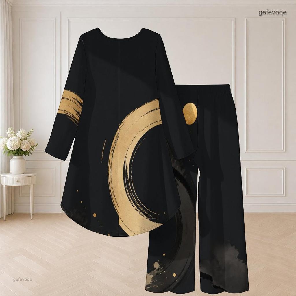 Women Plus Size Black Gold Printed Round Neck Long Sleeve High Low Top Wide Leg Pants Two Piece Set