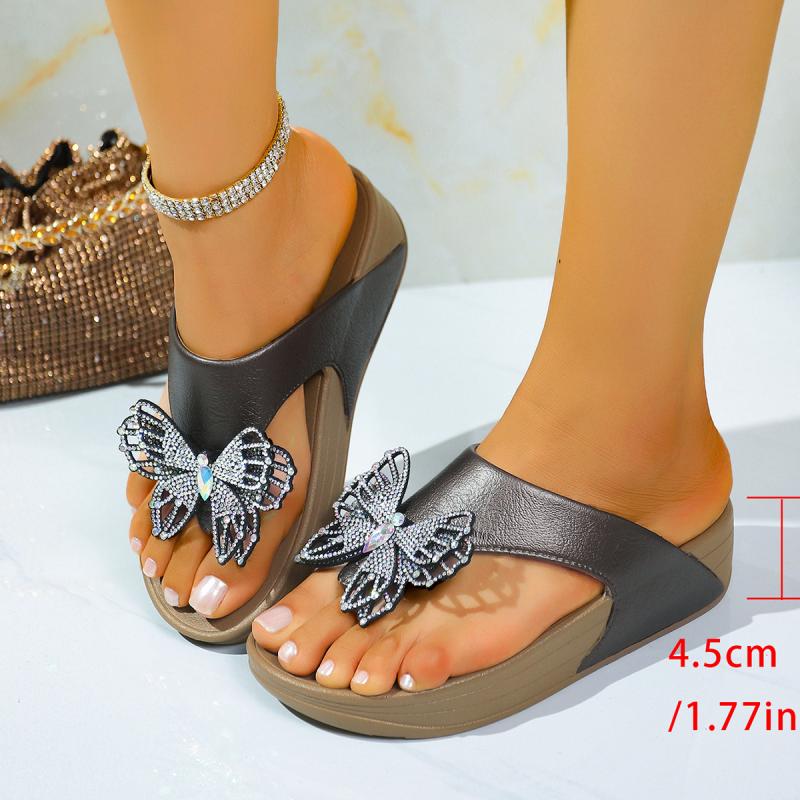 Gold Luxury Glitter Butterfly Decoration Flip Flops Women Chunky Platform Wedge Heels Slippers Beach Outdoor Slippers