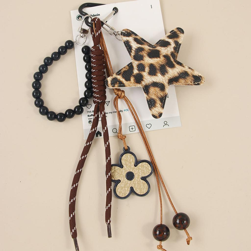New leopard print five-pointed star pendant accessories fashion beaded flower braided rope bag pendant keychain
