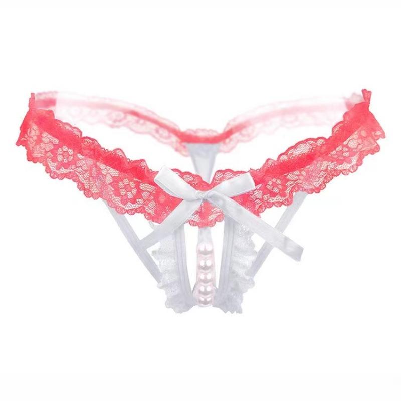 Plus Size Lingerie Women Lace Briefs Pearl Beading Panties For Sex Open Crotch Thongs G Strings Transparent Underwear
