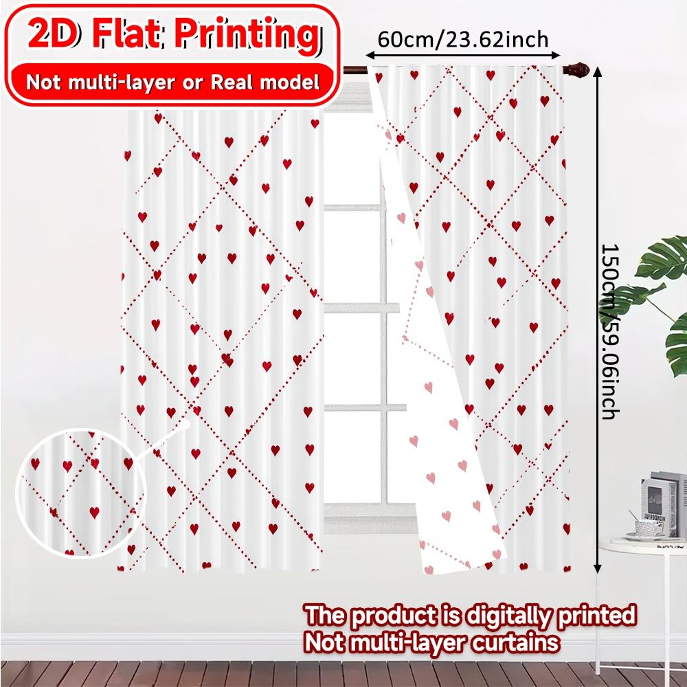 Set Of 2 Flat Printing Heart Grid Pattern Popular Curtains Durable Polyester Fabric Room Decor Perfect Curtain