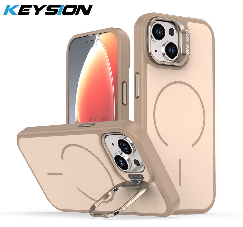 KEYSION Matte Skin Feel Lens Stand Phone Case for Magsafe for iPhone 13 14 15 Pro Max 15 Plus Magnetic Wireless Charging Shockproof Cover