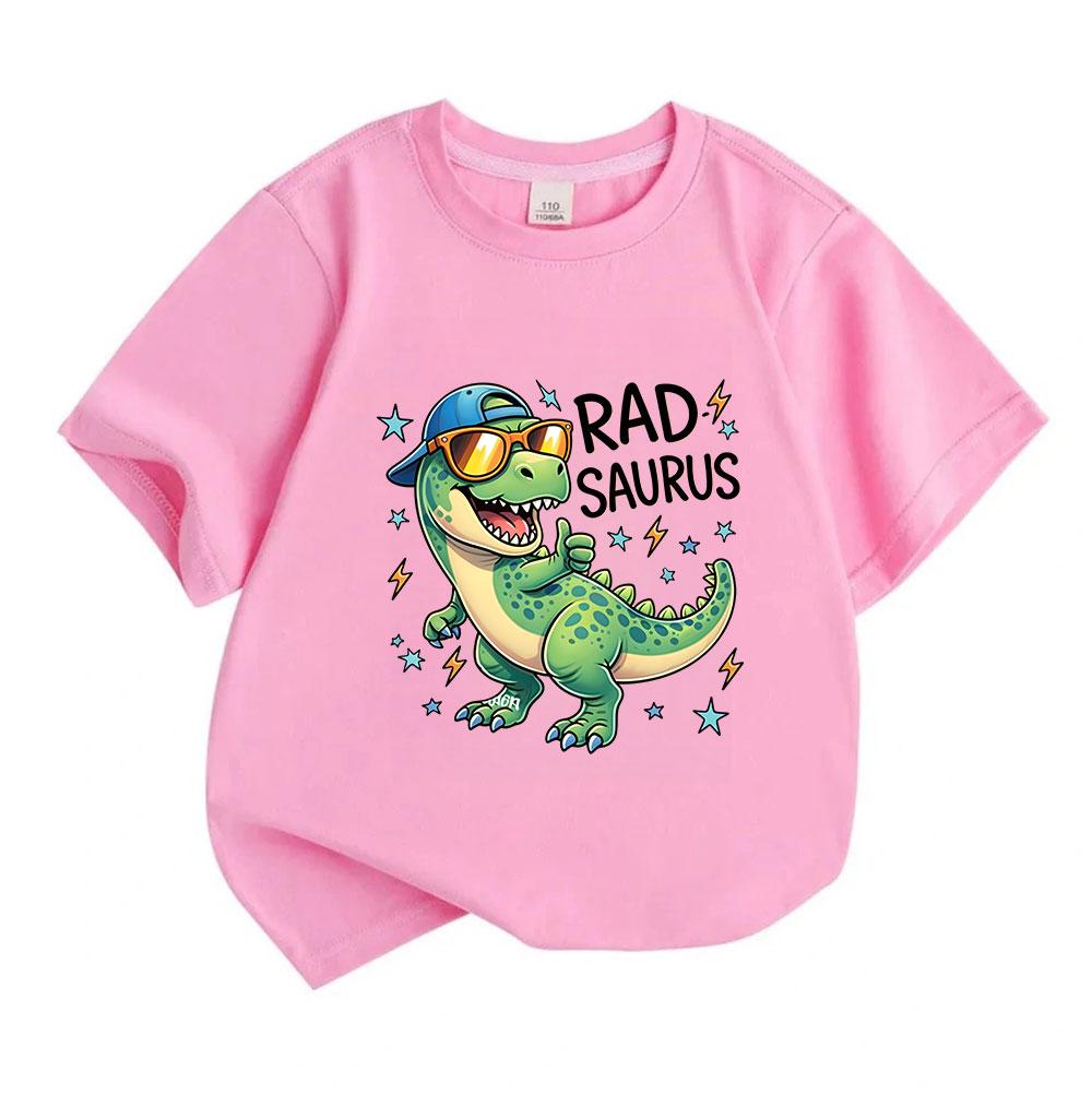 Kids Boys Girls 100% Cotton Crew Neck Short Sleeve T-Shirt, Cool Rad Saurus Dinosaur Print Casual Tees for Children Summer Daily Wear