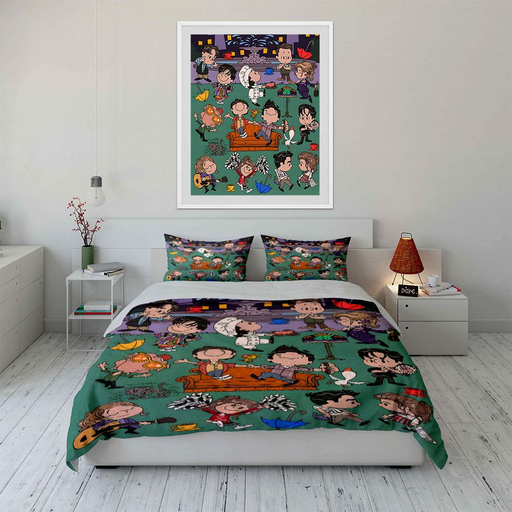 Cartoon Friends' Joyful Gathering Print Bedding Set 1 Duvet Cover 2 Pillowcases For Adult And Children Luxury Gift Full Size