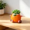 Cute Smiling Orange Succulents Planter, Realistic Orange Shaped Pot with Wooden Base, Kawaii Desktop Decor for Office Desk, Indoor Small Plant Pot