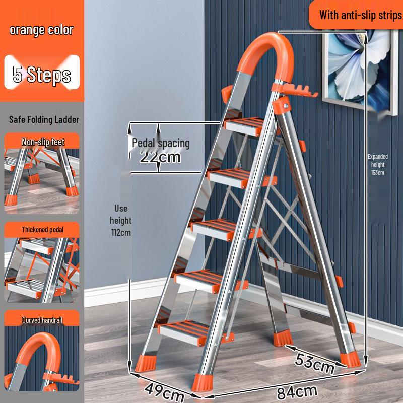Stainless Steel Folding A-Frame Ladder - Portable, Multi-Functional, 3-5 Step Indoor Ladder