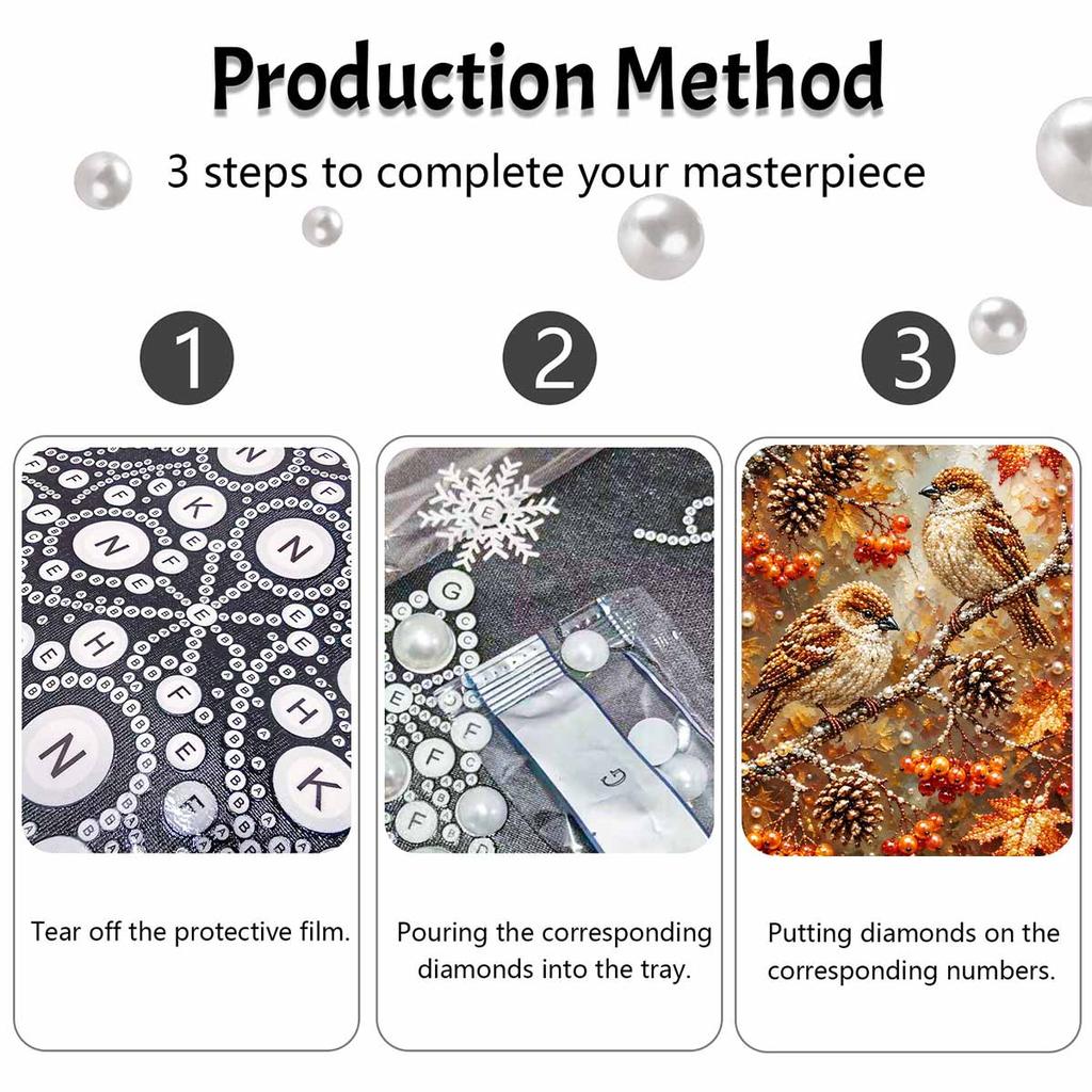 Autumn Bird Pearl Painting Kit with Frame Sparkling Bead Canvas Romantic Fall Nature Wall Decor and Exquisite Handmade Gift for Women