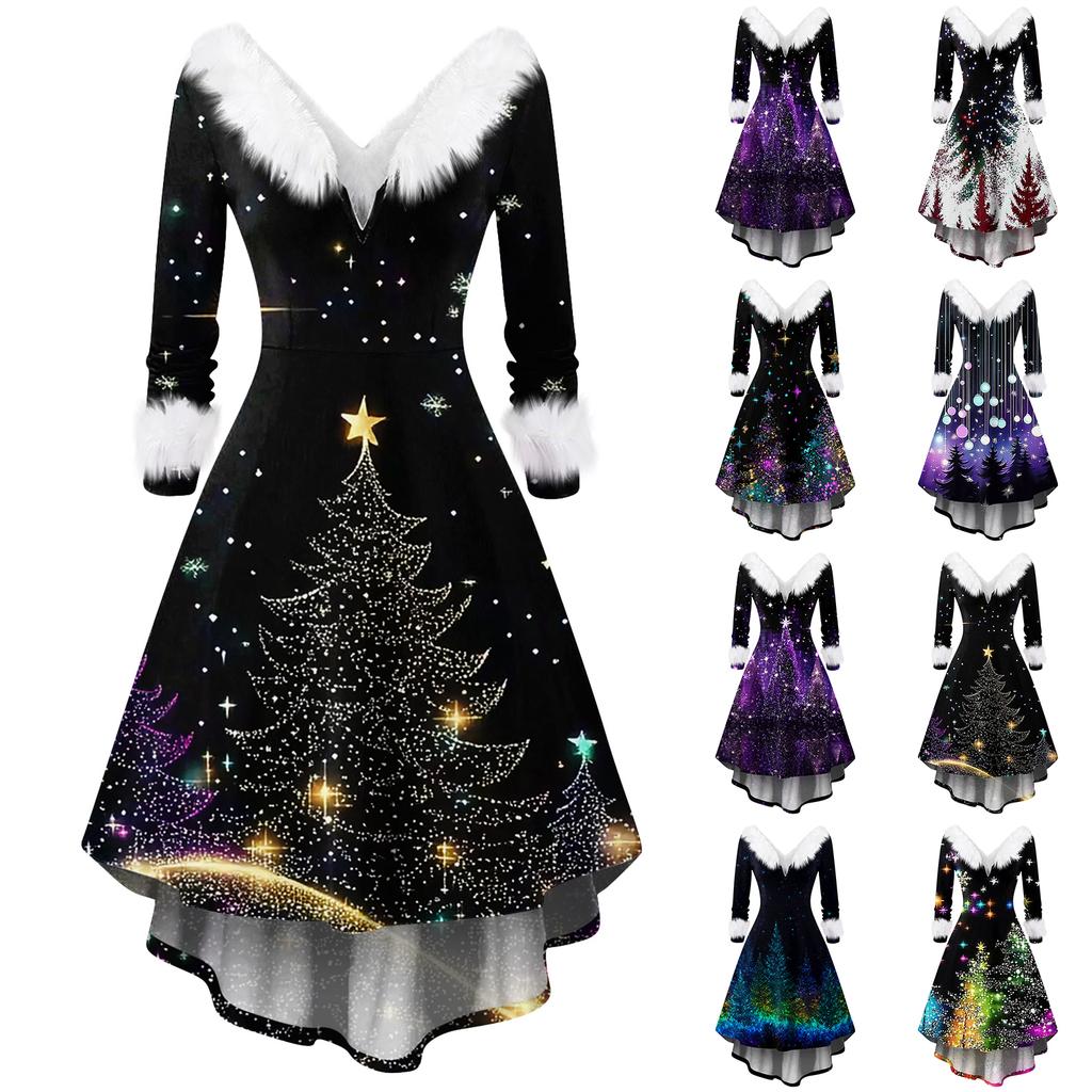 Dámské módní ležérní přiléhavé šaty s vánočním potiskem na párty s dlouhým rukávem