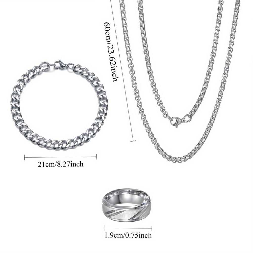 Stainless Steel Cuban Chain Bracelet & Ring Set - Men's Fashion