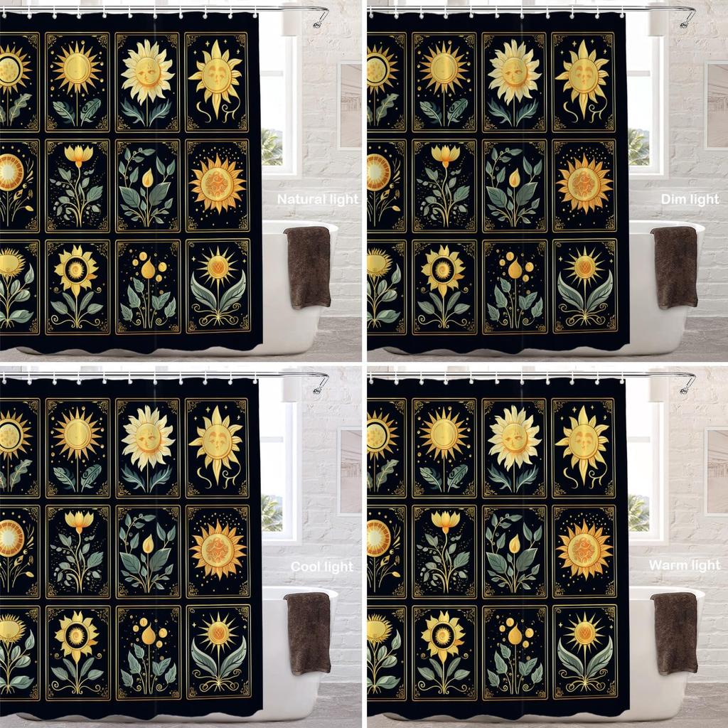 Golden Sunflower Tarot Card Style Shower Curtain Black Background Boho Art 72X72 Inches