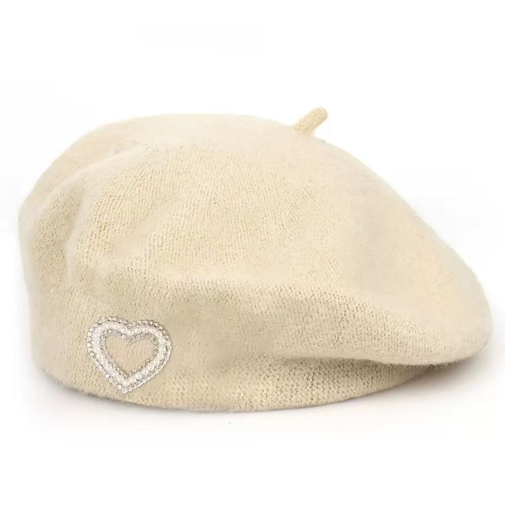 New autumn and winter wool beret women's pearl love rhinestone French face small warm painter hat
