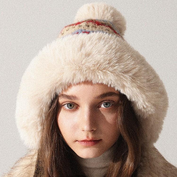 Winter fluffy plush ear protectors big head circumference knitted wool hat women