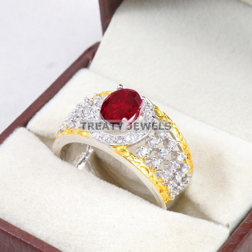 Ruby Oval Cut Gemstone With 925 Sterling Silver Ring For Men's #B546 JL375686405268