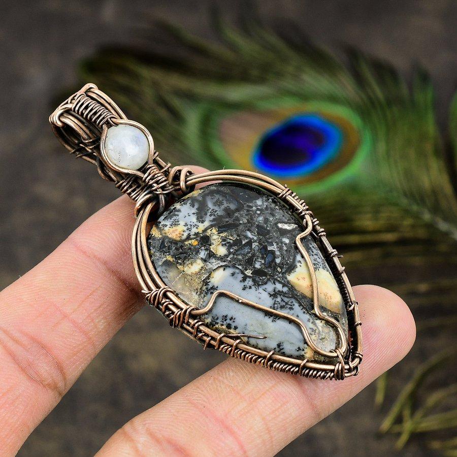 Natural Malinga Jasper, Moonstone Gemstone Copper Wire Wrap Pendant 2.84" m5U54