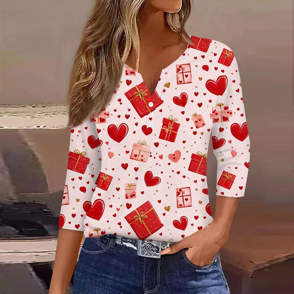 Women's Valentine's Day Printed V-Neck Casual Versatile Three-quarter Sleeve Button Top