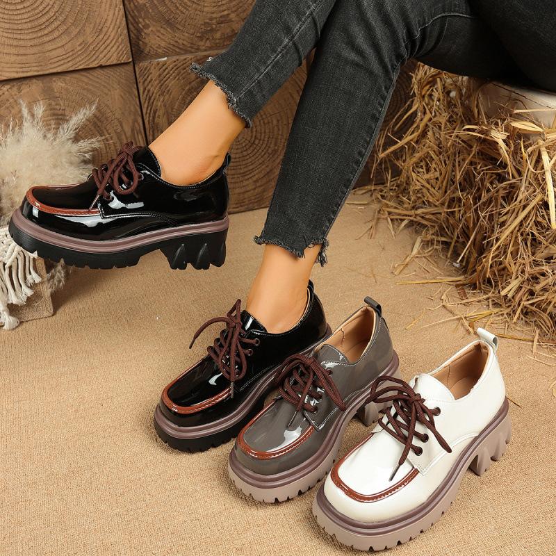 Large size color matching small leather shoes college style thick sole heightening lace-up