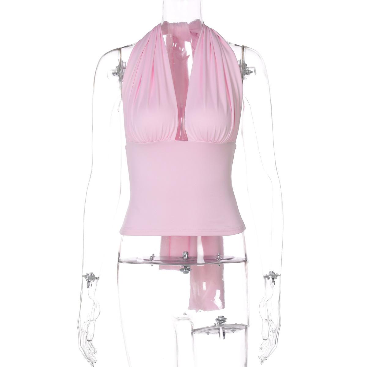 

Halter Neck Backless Tank Tops Women 2026 Summer New Sexy Crop Top Ruched Lace-up Cropped Cami Bandana Top Criss Cross Wrap Vest Tee Tops L рожевий
