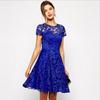 New Arrival Women's Fashion Blue Lace Trim Round Neck Short Sleeve Elegant Dress In Stock